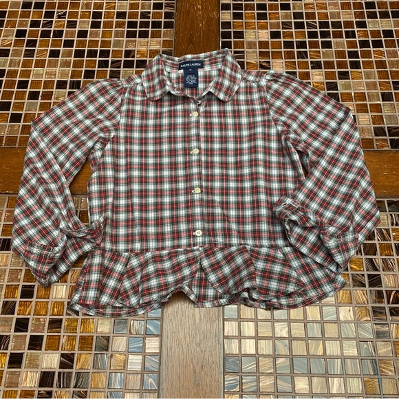 Ralph Lauren Cotton Plaid Poplin Blouse and Velvet Leggings Set - Picture 2 of 9